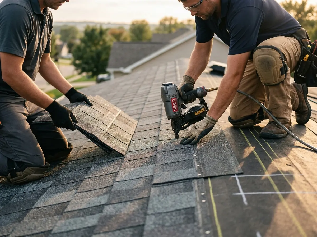 Professional roofer working on a residential roof in Coralville
